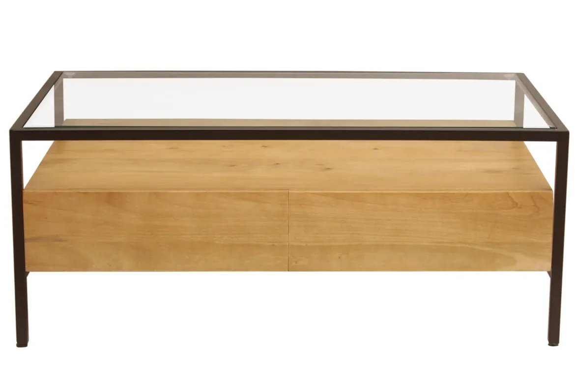 Table basse rectangulaire avec rangements en bois manguier massif, verre et métal noir L100 cm SITA