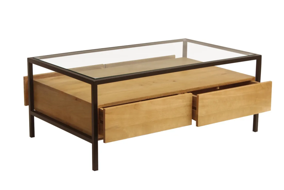 Table basse rectangulaire avec rangements en bois manguier massif, verre et métal noir L100 cm SITA