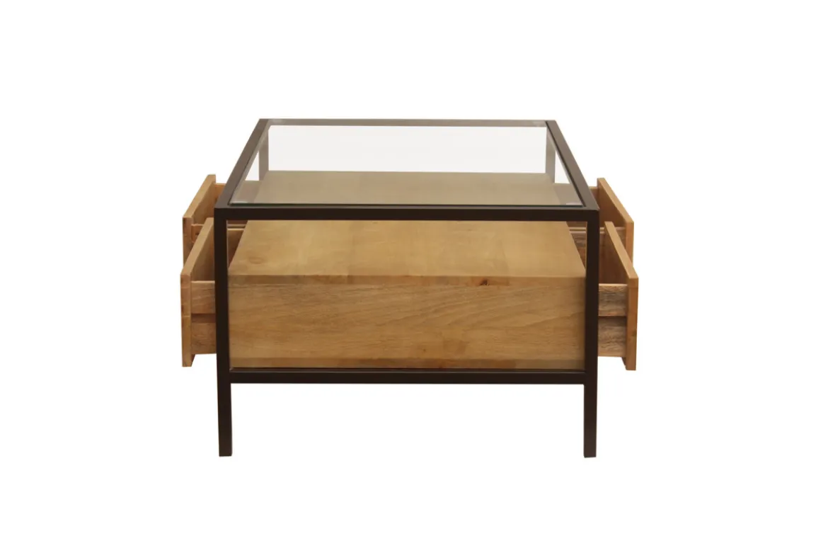 Table basse rectangulaire avec rangements en bois manguier massif, verre et métal noir L100 cm SITA