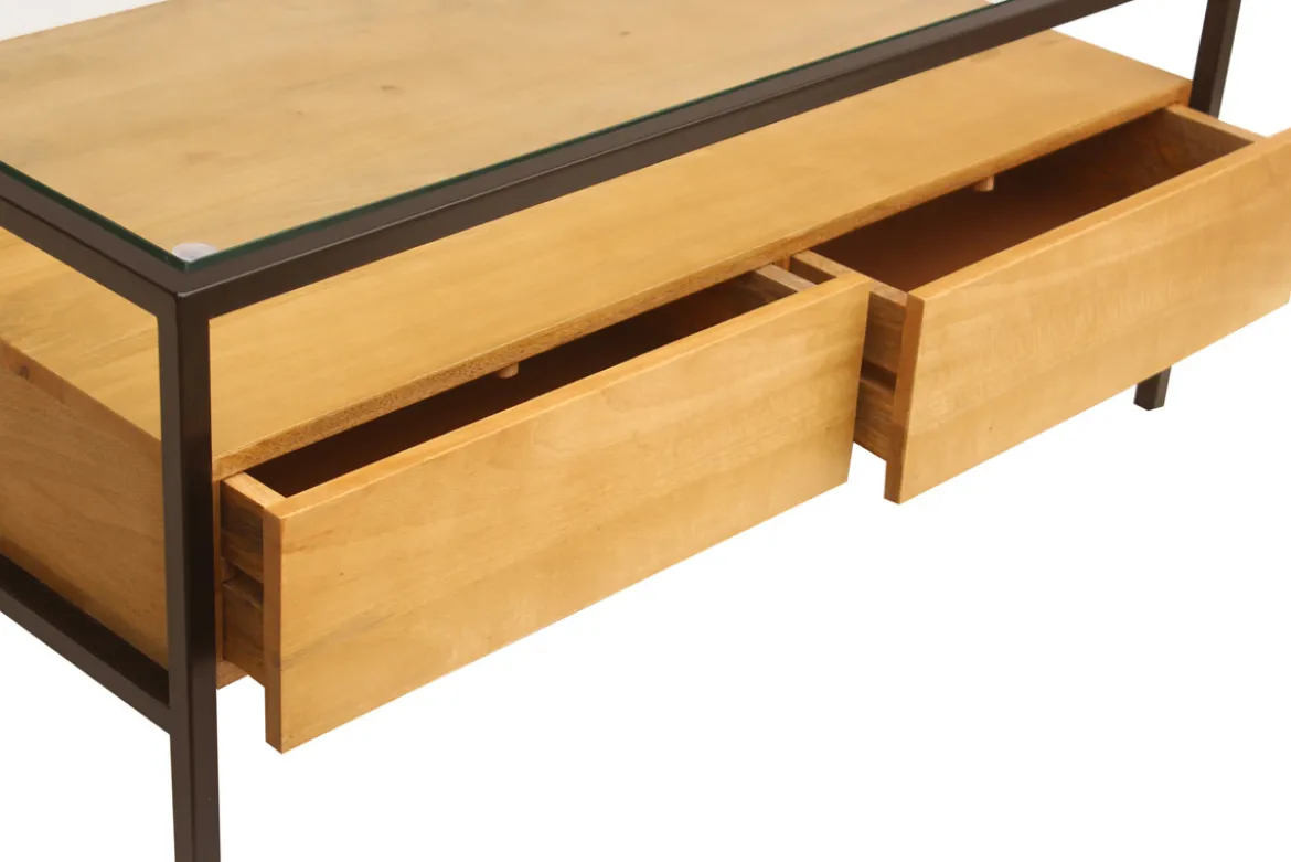 Table basse rectangulaire avec rangements en bois manguier massif, verre et métal noir L100 cm SITA