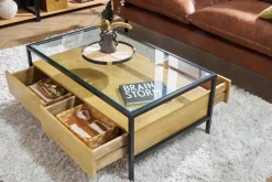 Table basse rectangulaire avec rangements en bois manguier massif, verre et métal noir L100 cm SITA