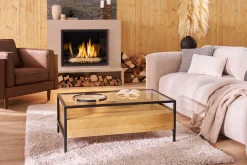 Table basse rectangulaire avec rangements en bois manguier massif, verre et métal noir L100 cm SITA
