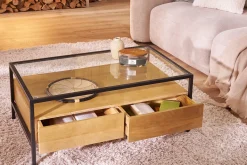 Table basse rectangulaire avec rangements en bois manguier massif, verre et métal noir L100 cm SITA