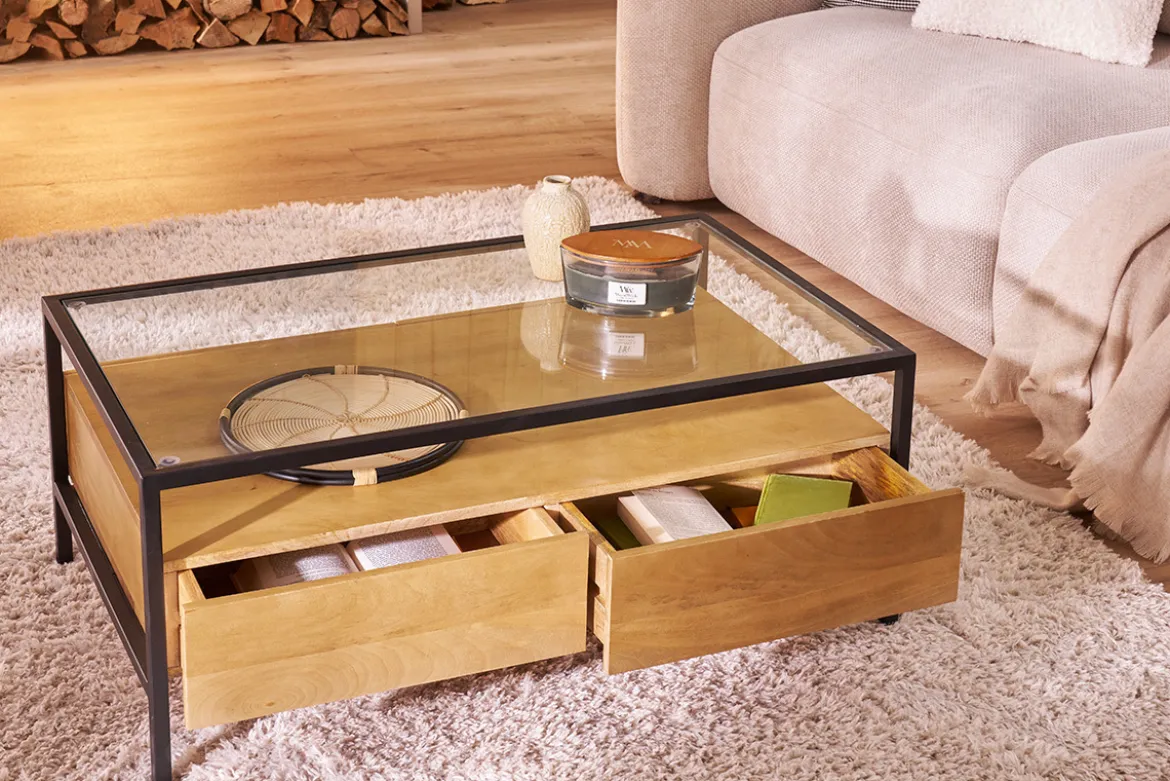 Table basse rectangulaire avec rangements en bois manguier massif, verre et métal noir L100 cm SITA