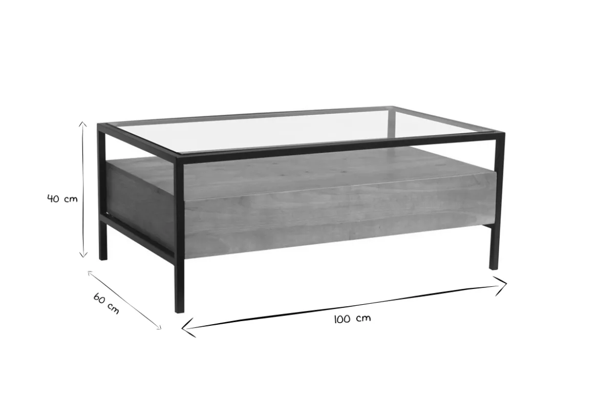 Table basse rectangulaire avec rangements en bois manguier massif, verre et métal noir L100 cm SITA