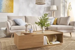 Table basse rectangulaire avec rangements 2 tiroirs finition bois clair chêne L120 cm MADERO