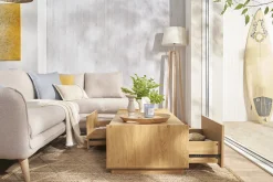 Table basse rectangulaire avec rangements 2 tiroirs finition bois clair chêne L120 cm MADERO
