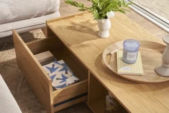 Table basse rectangulaire avec rangements 2 tiroirs finition bois clair chêne L120 cm MADERO