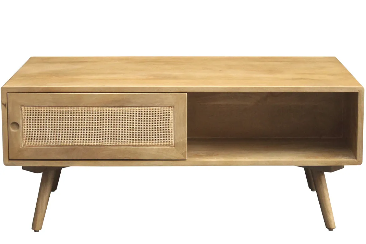Table basse rectangulaire avec rangements en bois manguier massif et cannage rotin L100 cm ACANGE
