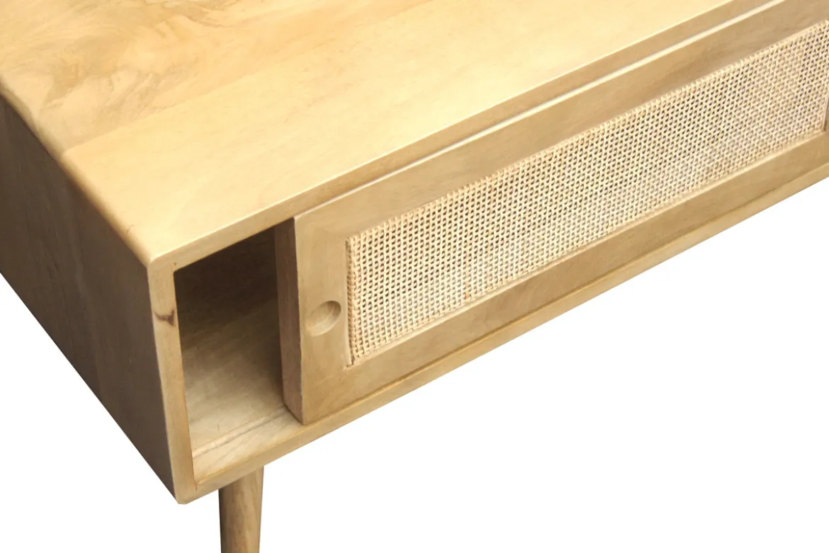 Table basse rectangulaire avec rangements en bois manguier massif et cannage rotin L100 cm ACANGE
