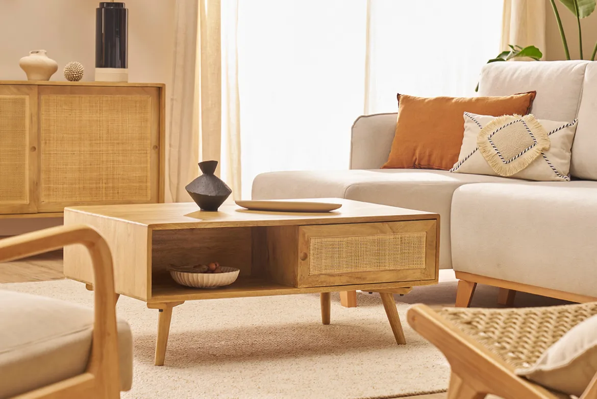 Table basse rectangulaire avec rangements en bois manguier massif et cannage rotin L100 cm ACANGE