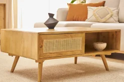 Table basse rectangulaire avec rangements en bois manguier massif et cannage rotin L100 cm ACANGE