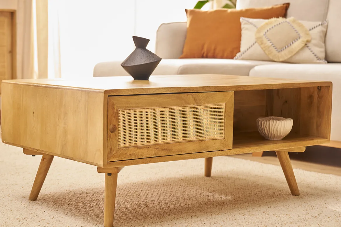 Table basse rectangulaire avec rangements en bois manguier massif et cannage rotin L100 cm ACANGE