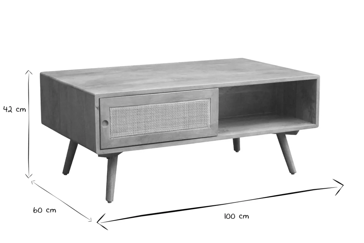 Table basse rectangulaire avec rangements en bois manguier massif et cannage rotin L100 cm ACANGE