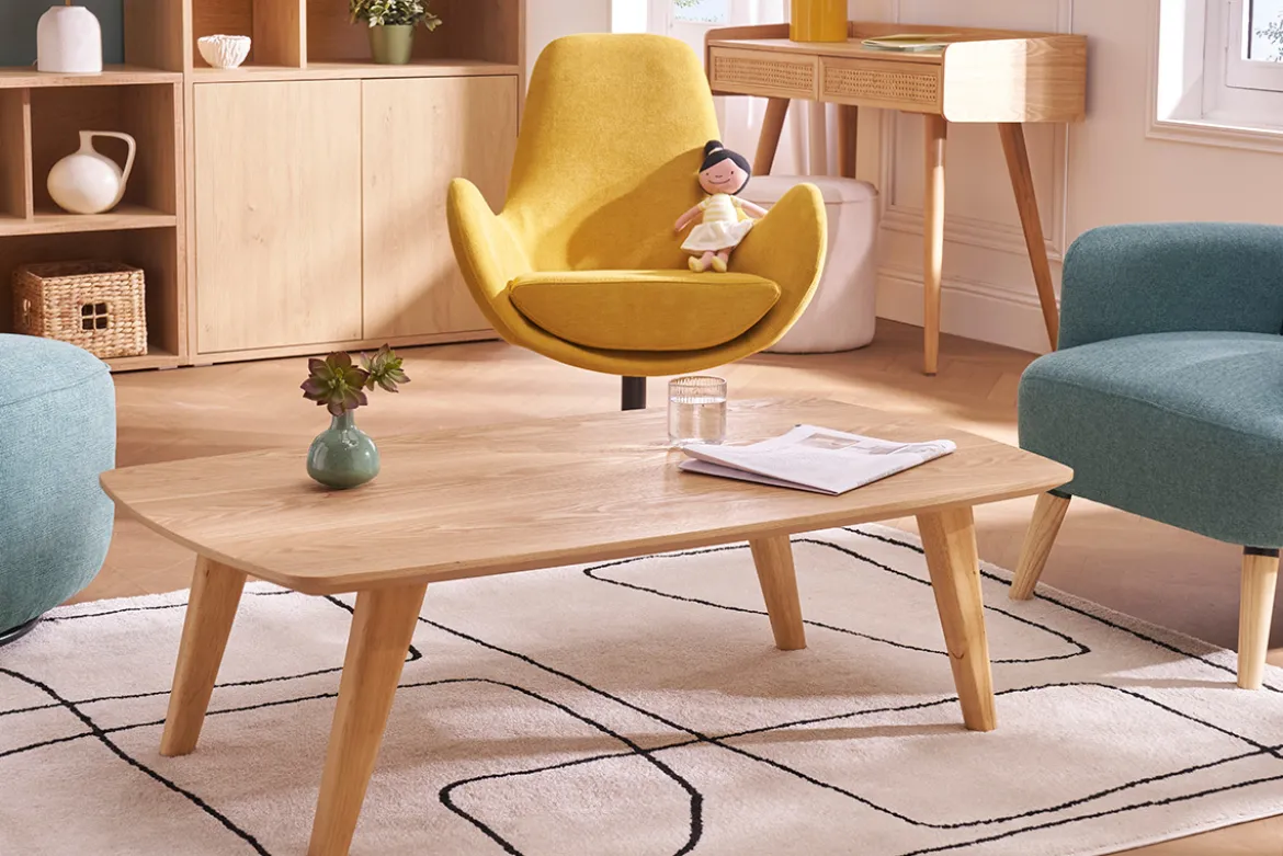 Table basse rectangulaire scandinave bois clair L120cm FIFTIES