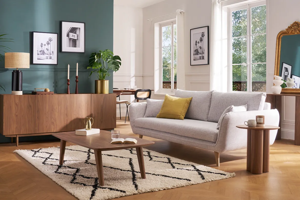 Table basse rectangulaire vintage bois foncé noyer L120cm FIFTIES