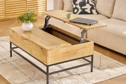 Table basse relevable industrielle bois manguier massif et métal noir L110 cm YPSTER