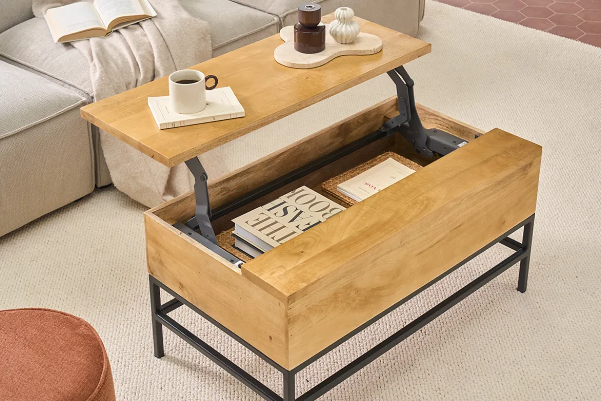 Table basse relevable industrielle bois manguier massif et métal noir L90 cm YPSTER