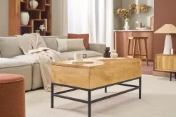 Table basse relevable industrielle bois manguier massif et métal noir L90 cm YPSTER