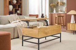 Table basse relevable industrielle bois manguier massif et métal noir L90 cm YPSTER