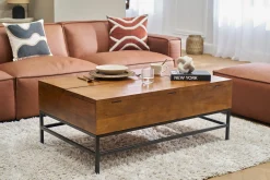 Table basse relevable industrielle bois manguier massif teinté et métal noir L110 cm YPSTER