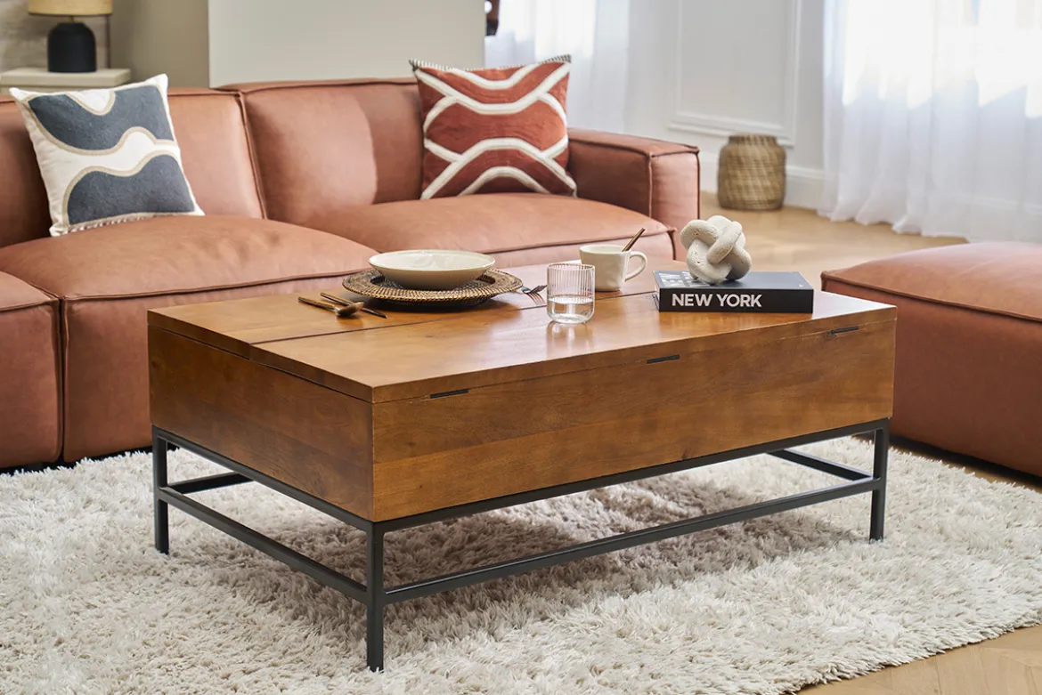 Table basse relevable industrielle bois manguier massif teinté et métal noir L110 cm YPSTER