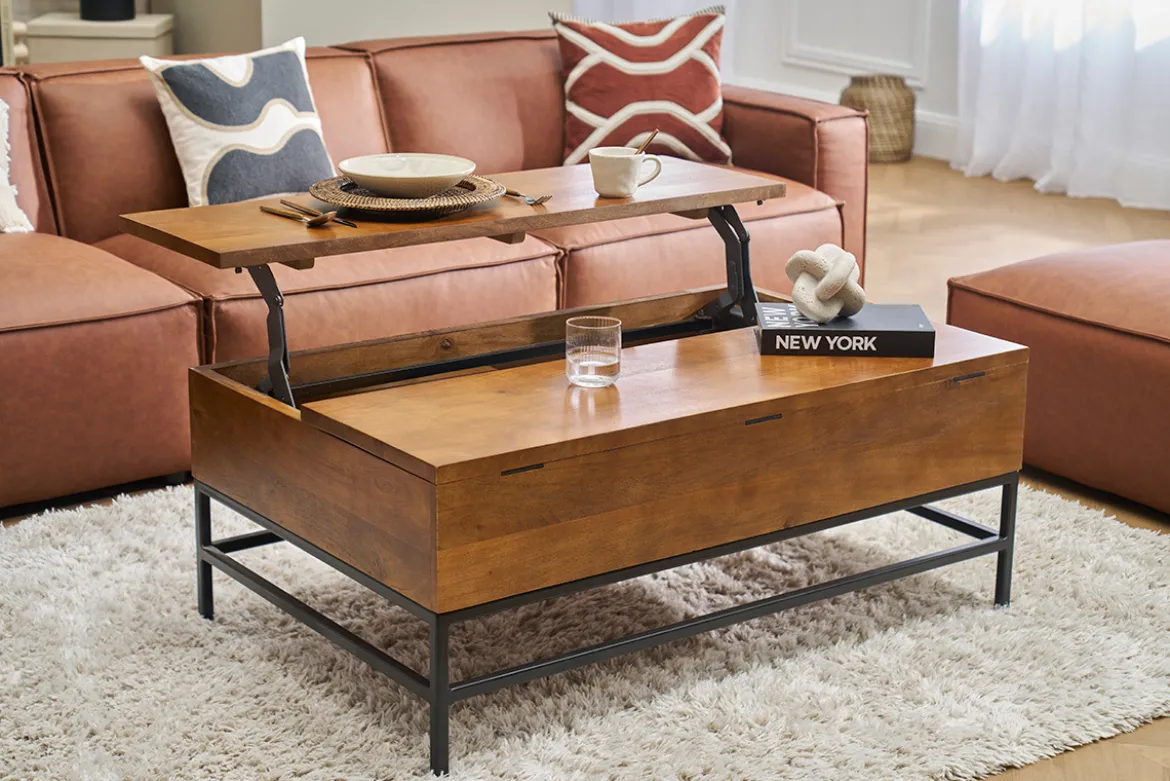 Table basse relevable industrielle bois manguier massif teinté et métal noir L110 cm YPSTER