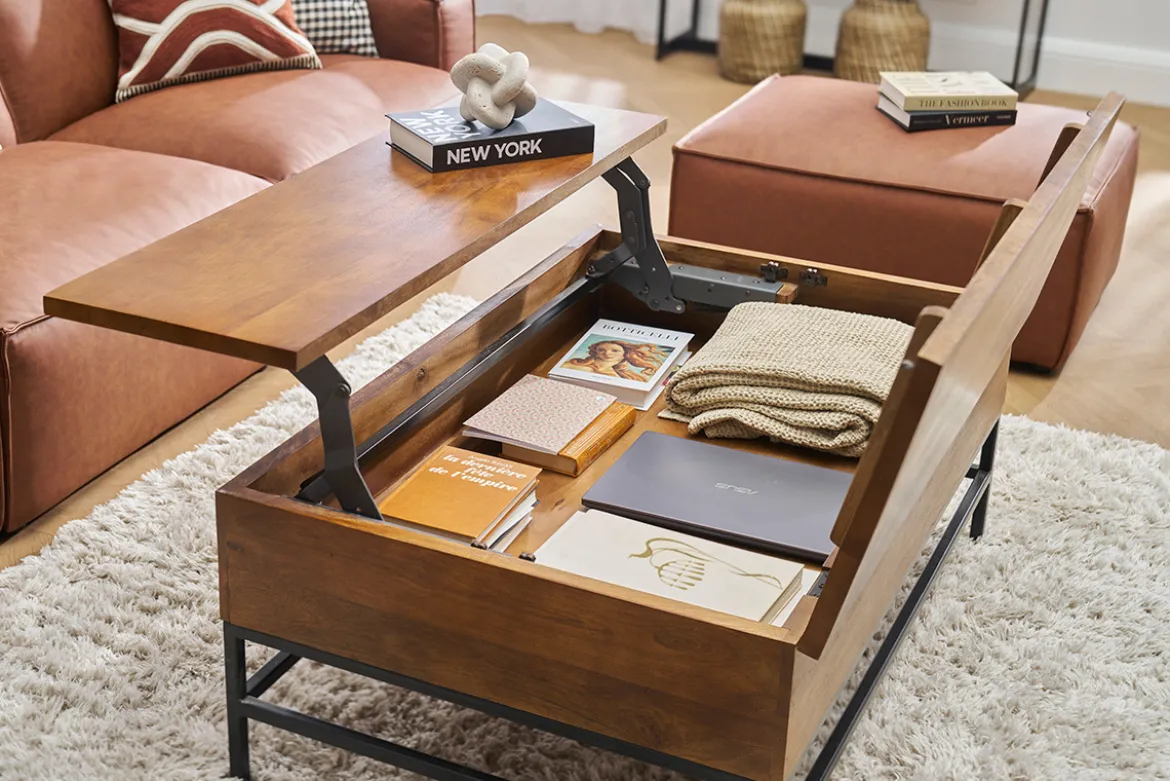 Table basse relevable industrielle bois manguier massif teinté et métal noir L110 cm YPSTER