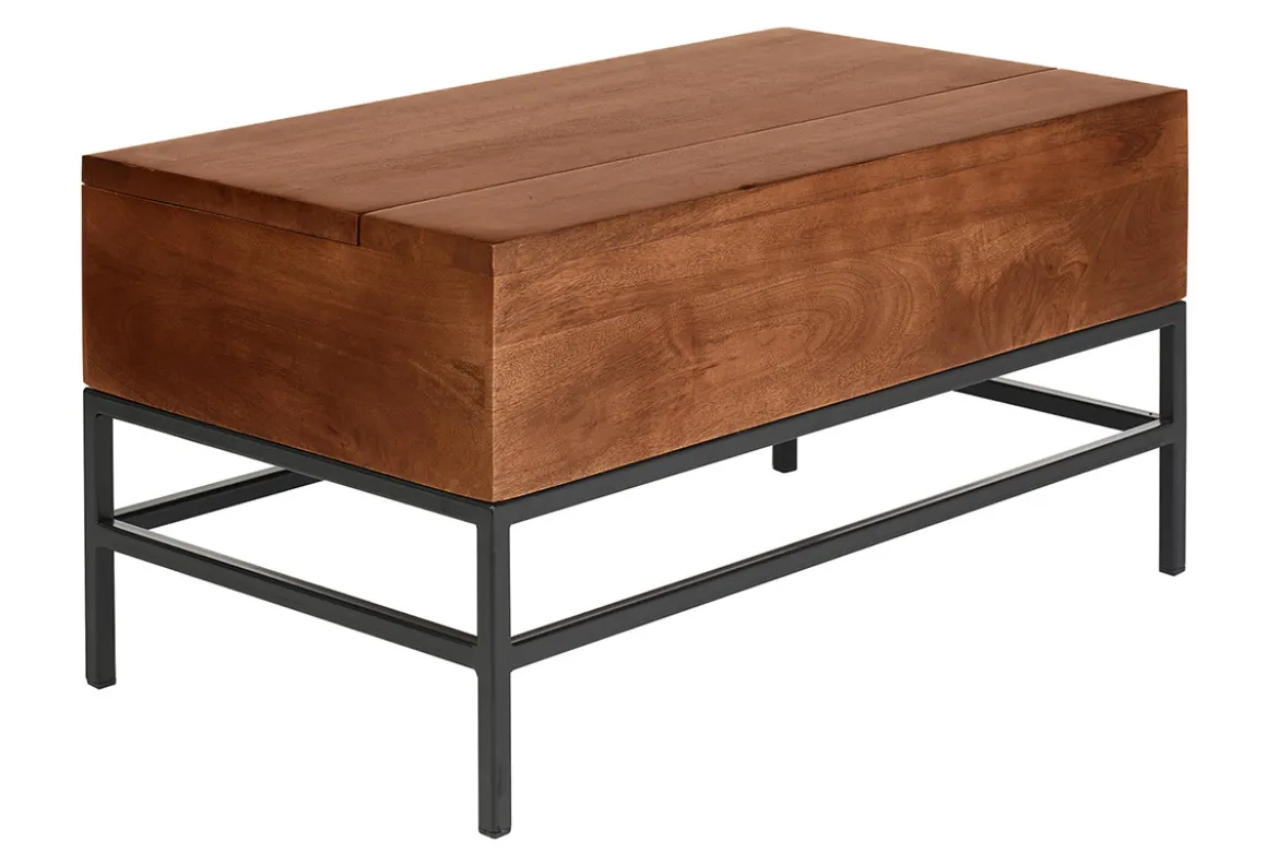 Table basse relevable industrielle bois manguier massif teinté et métal noir L90 cm YPSTER