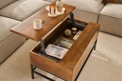 Table basse relevable industrielle bois manguier massif teinté et métal noir L90 cm YPSTER