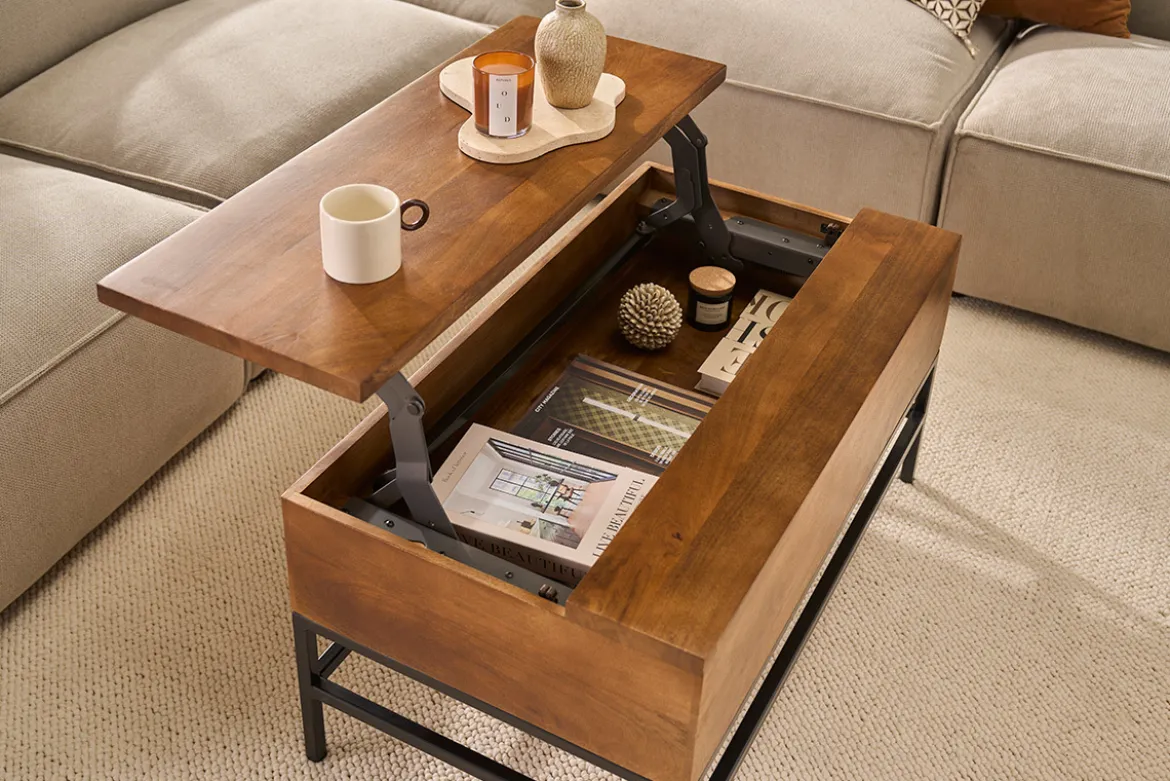 Table basse relevable industrielle bois manguier massif teinté et métal noir L90 cm YPSTER