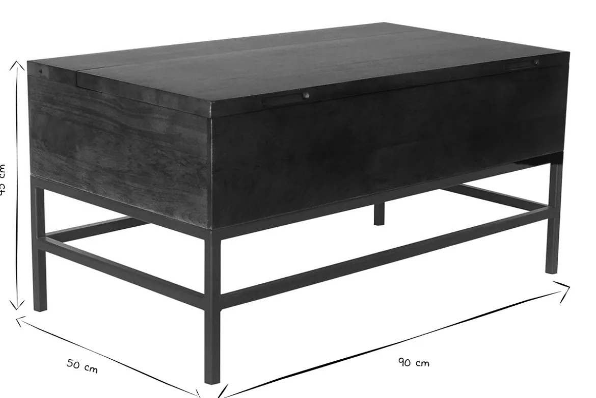 Table basse relevable industrielle bois manguier massif teinté et métal noir L90 cm YPSTER