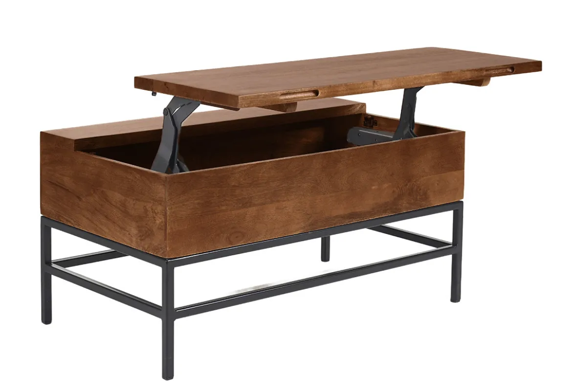 Table basse relevable industrielle bois manguier massif teinté et métal noir L90 cm YPSTER