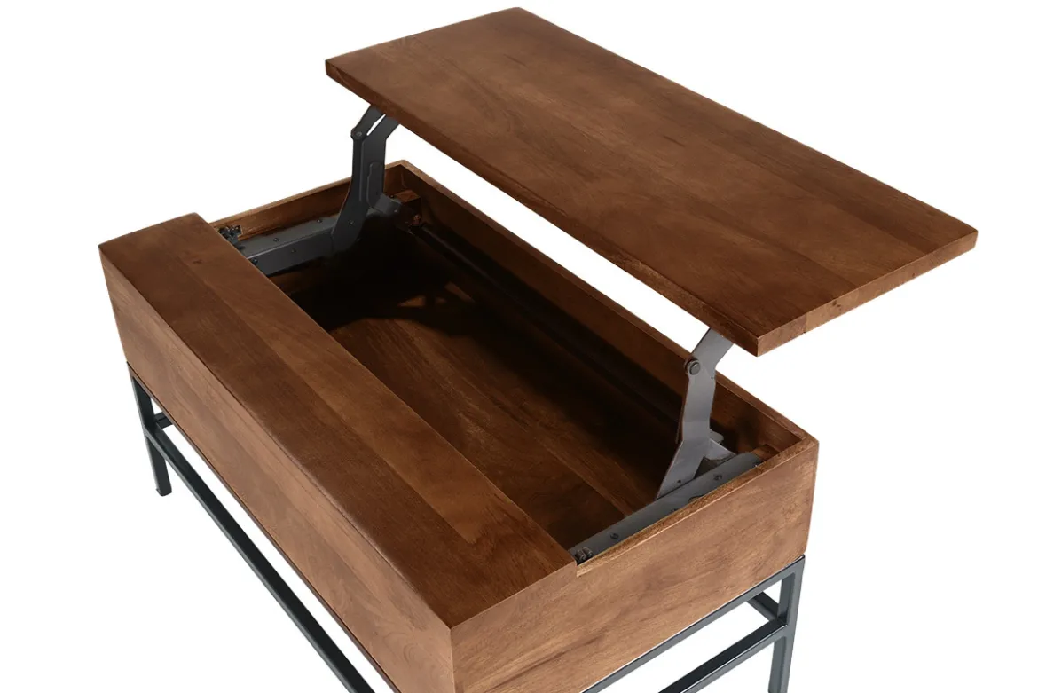 Table basse relevable industrielle bois manguier massif teinté et métal noir L90 cm YPSTER