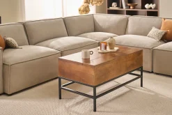 Table basse relevable industrielle bois manguier massif teinté et métal noir L90 cm YPSTER