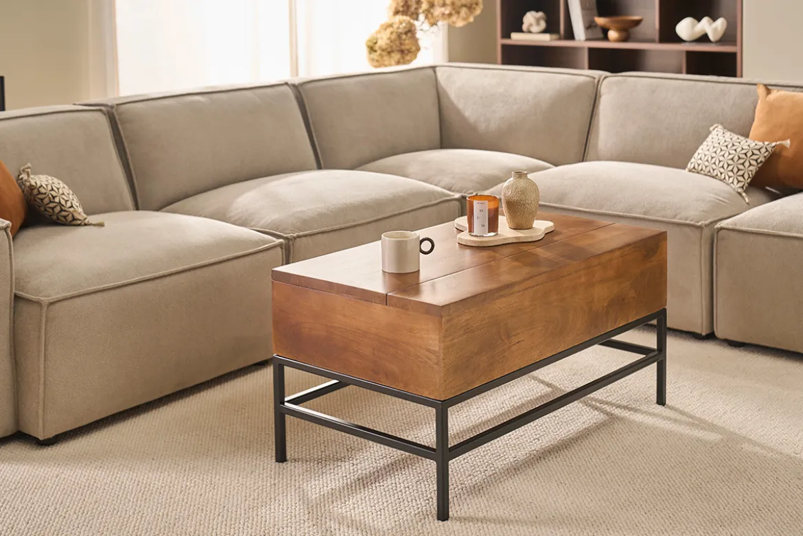Table basse relevable industrielle bois manguier massif teinté et métal noir L90 cm YPSTER