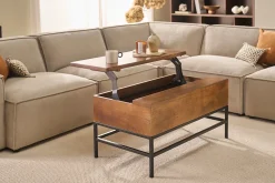 Table basse relevable industrielle bois manguier massif teinté et métal noir L90 cm YPSTER
