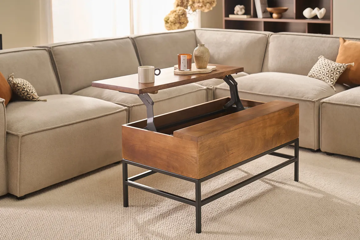 Table basse relevable industrielle bois manguier massif teinté et métal noir L90 cm YPSTER