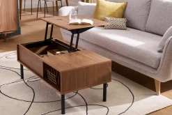 Table basse relevable rectangulaire bois foncé finition noyer et métal noir L100 cm KANE