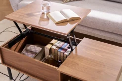 Table basse relevable rectangulaire bois foncé finition noyer et métal noir L100 cm KANE