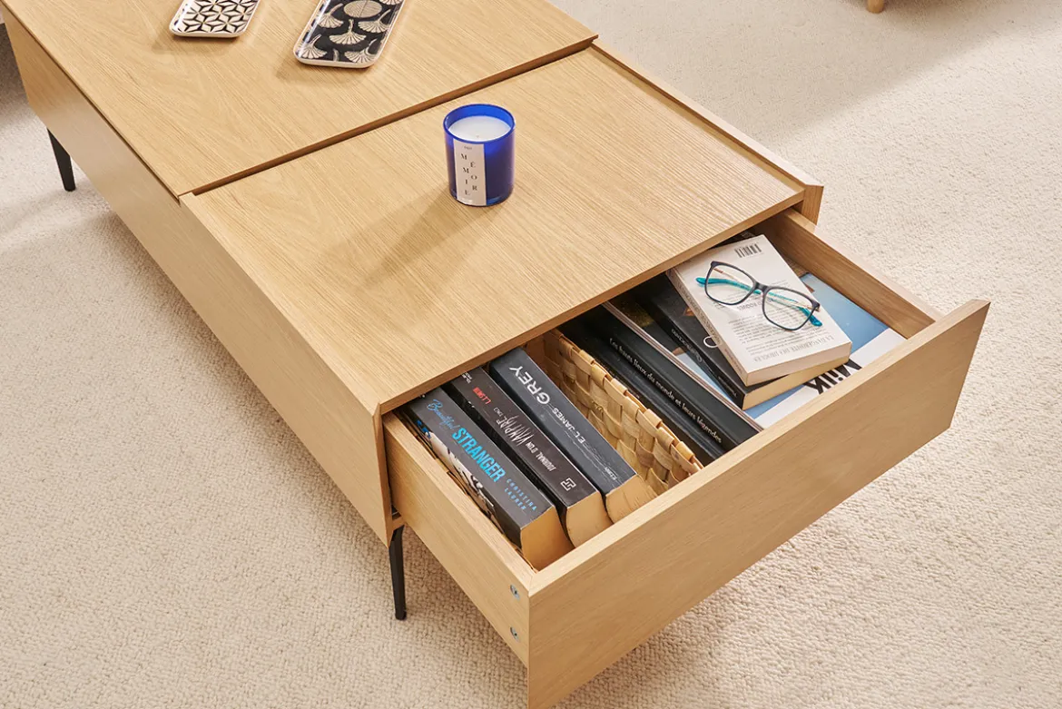 Table basse relevable rectangulaire bois clair finition chêne et métal noir L103 cm SEDA