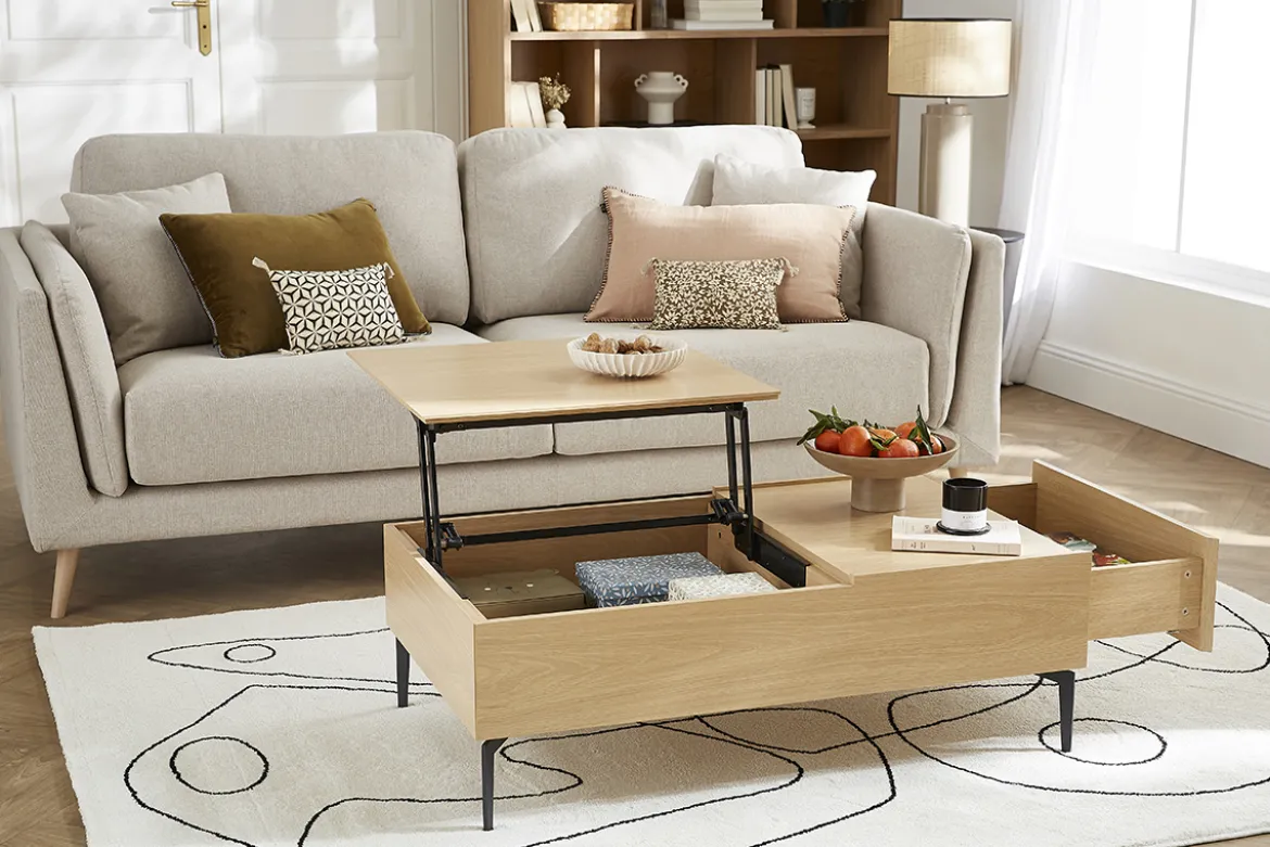 Table basse relevable rectangulaire bois clair finition chêne et métal noir L103 cm SEDA
