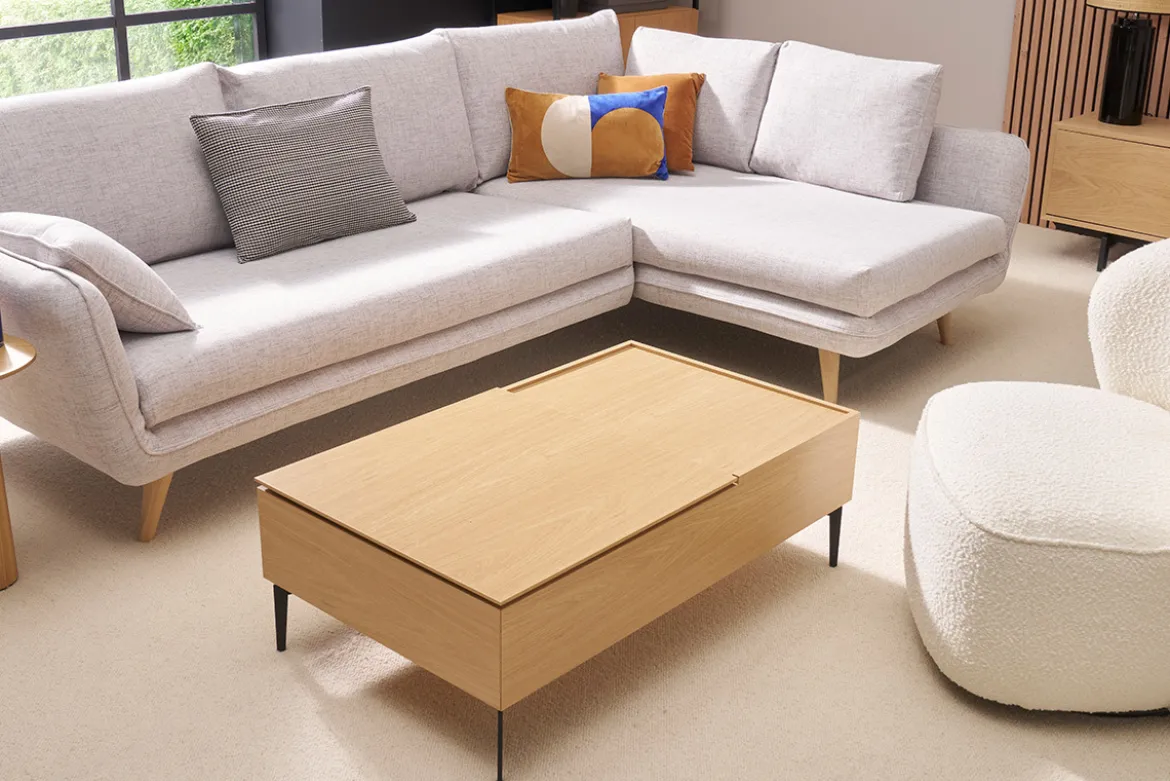 Table basse relevable rectangulaire bois clair finition chêne et métal noir L103 cm SEDA