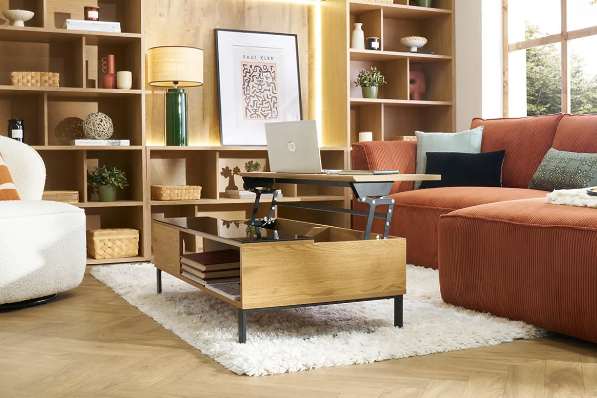 Table basse relevable rectangulaire bois clair et métal noir L110 cm WYNN