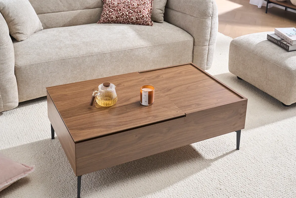 Table basse relevable rectangulaire bois foncé finition noyer et métal noir L103 cm SEDA