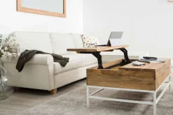 Table basse relevable rectangulaire bois manguier massif et métal blanc L110 cm BOHO