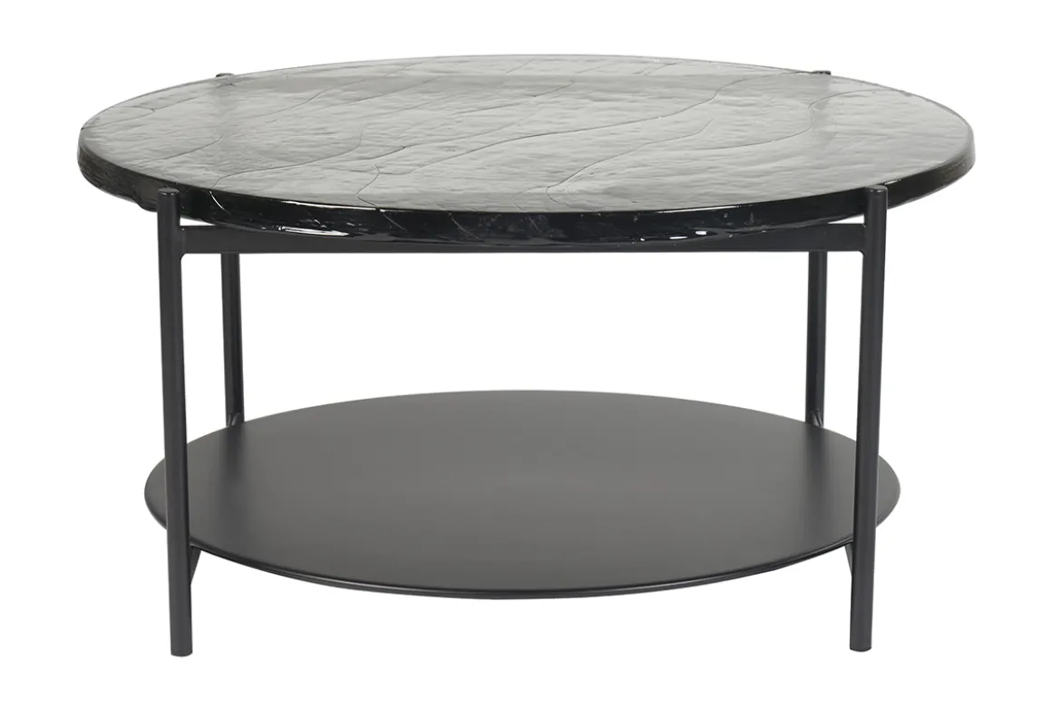 Table basse ronde avec double plateau en verre recyclé et métal noir D85 cm WELLE