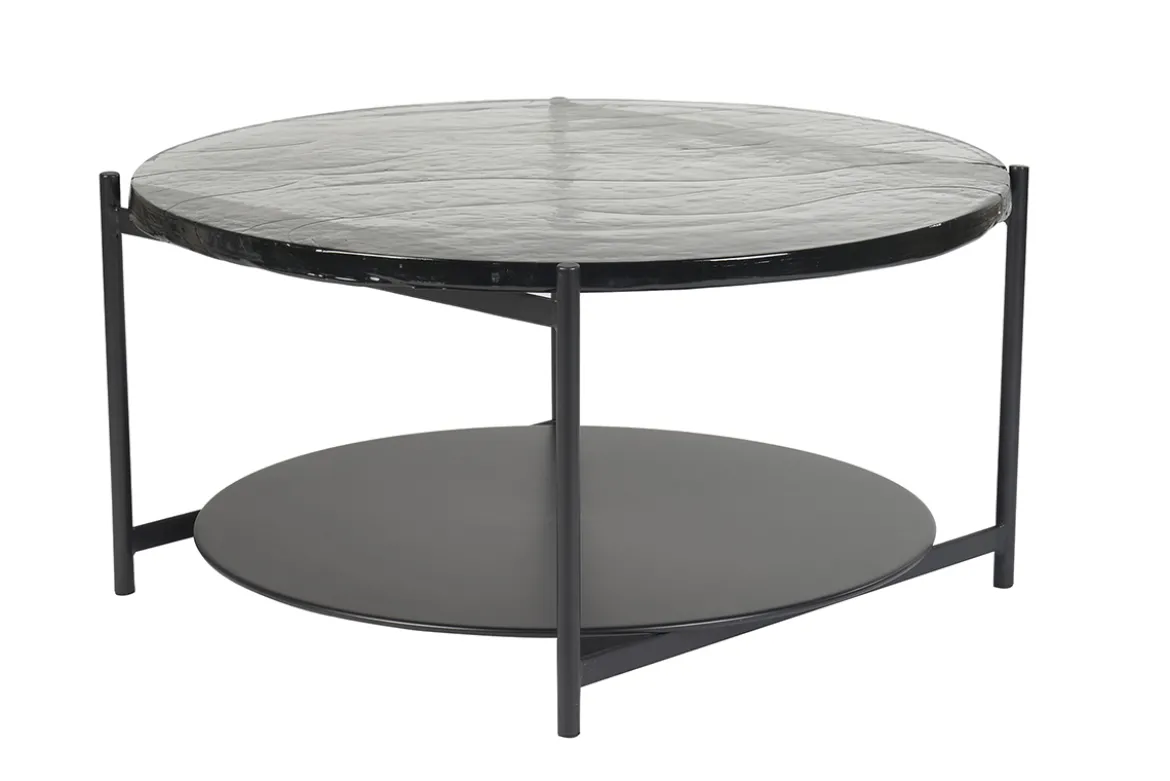 Table basse ronde avec double plateau en verre recyclé et métal noir D85 cm WELLE