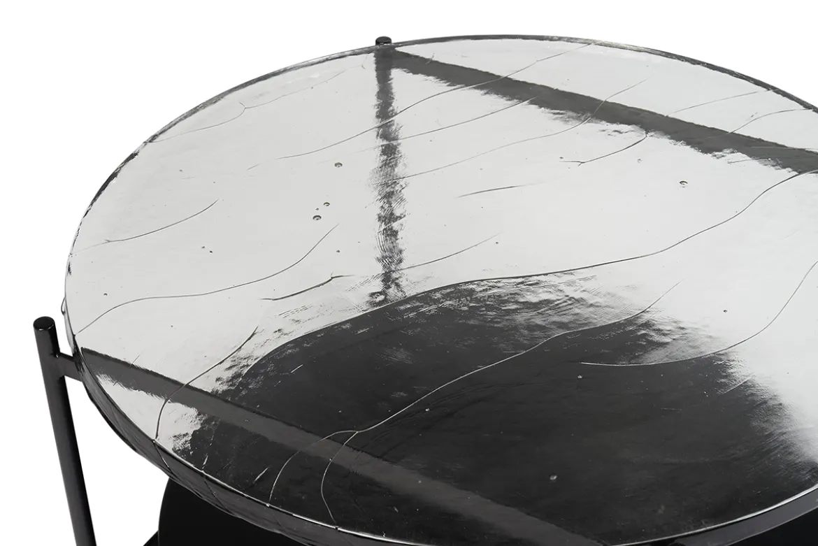 Table basse ronde avec double plateau en verre recyclé et métal noir D85 cm WELLE