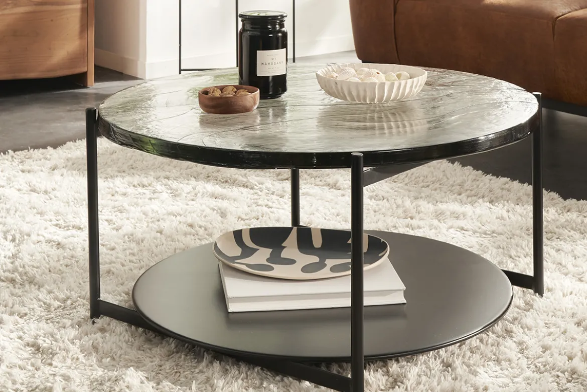 Table basse ronde avec double plateau en verre recyclé et métal noir D85 cm WELLE